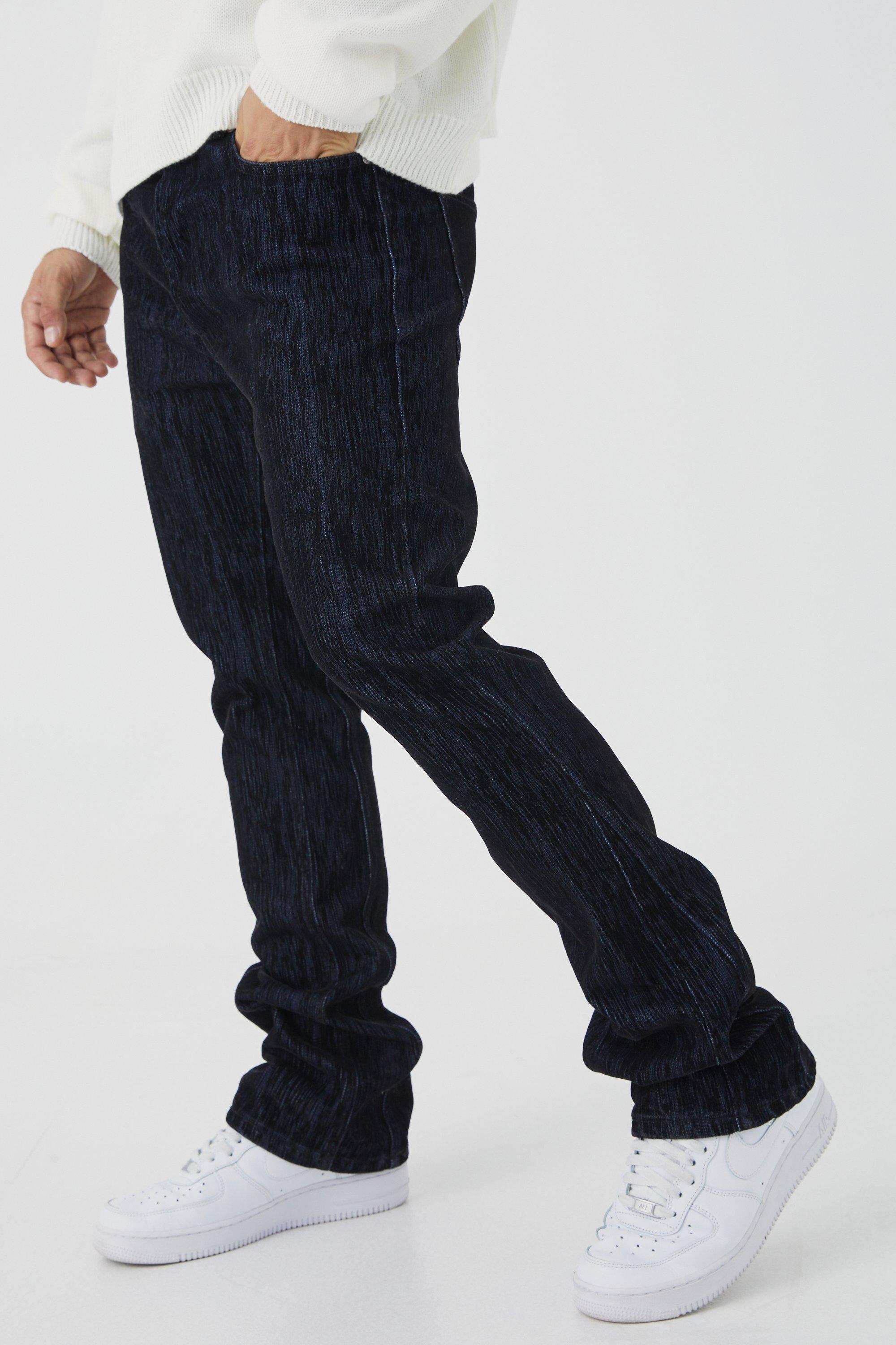 Mens Black Velvet Finish Slim Rigid Flare Gusset Carpenter Jean, Black